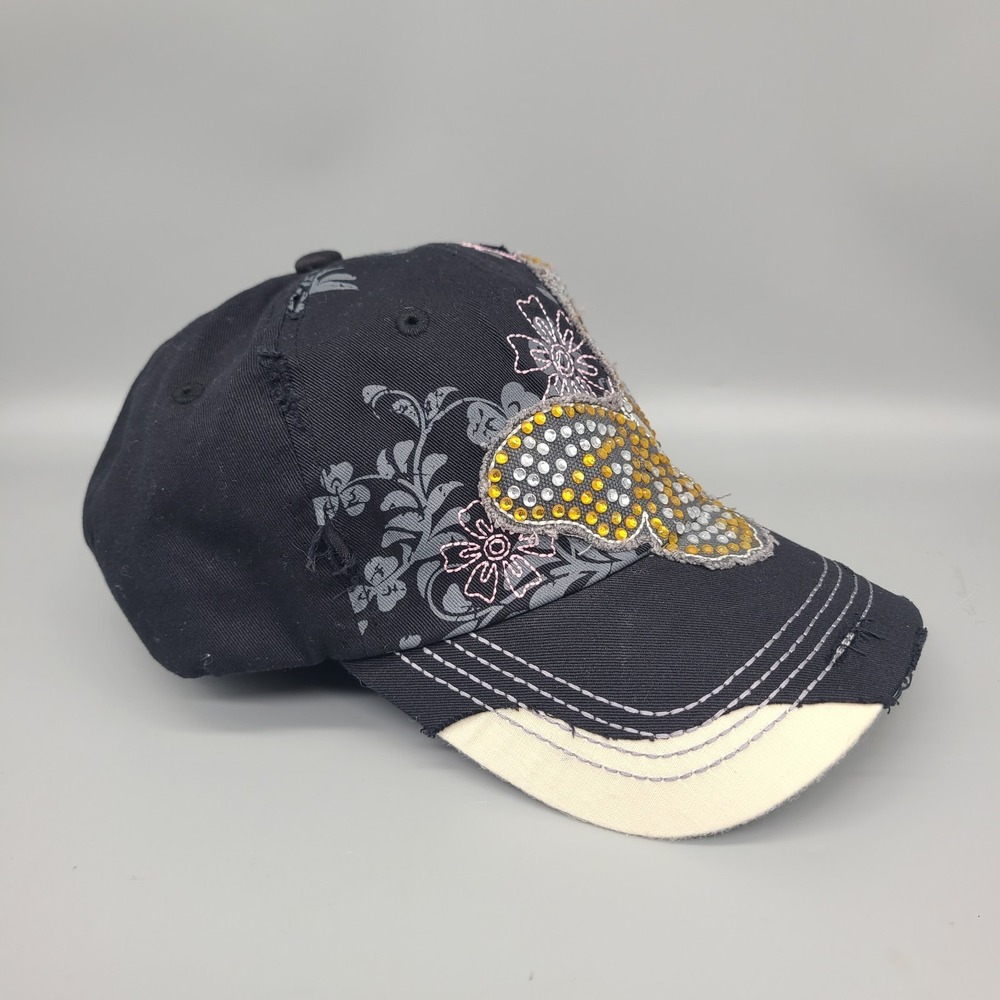 Leader Hat Womens Black Butterfly Flower Distressed Buckle Cotton - Picture 3 of 6